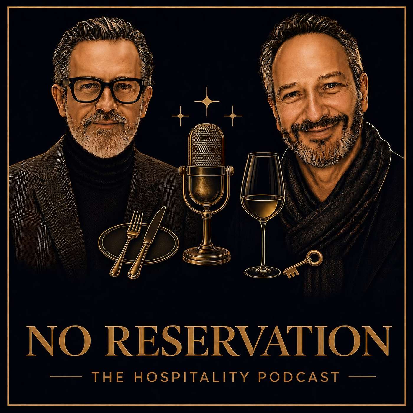 No Reservation's illustrated hosts: Antoine Melon on the left and Gideon Lask on the right, with a gold microphone, wine glass and place setting.